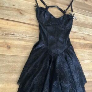 Black Lace Corset Dress Ruffle Tiered Skirt Neck Evening Party Whimsgoth S